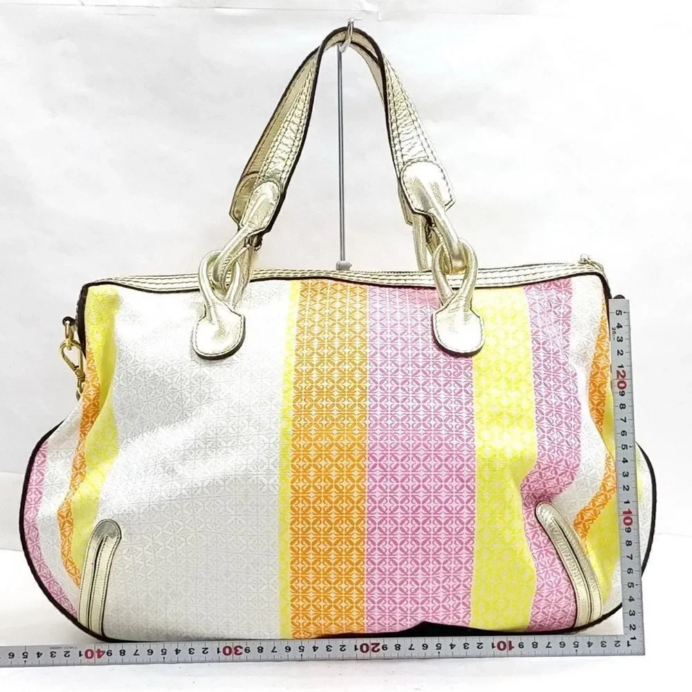 Auth LOEWE Multicolor Anagram Striped Canvas Gold Leather 2way Fiesta Satchel